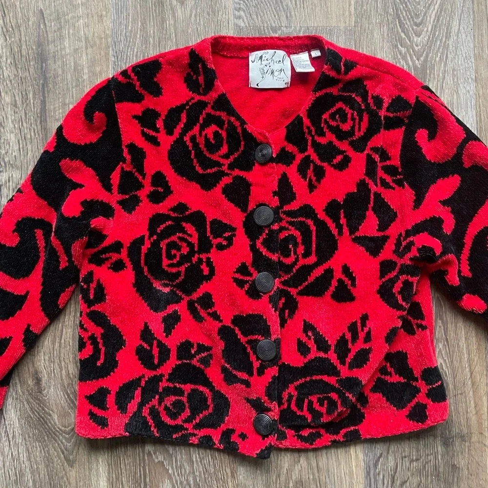 Vintage 90s Michael Simon Red Black Rose Chenille Cardigan L coquette goth - Picture 2 of 7